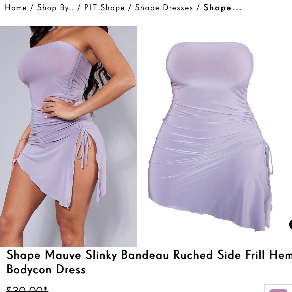 Shape Mauve Slinky Bandeau Ruched Side Frill Hem Bodycon Dress